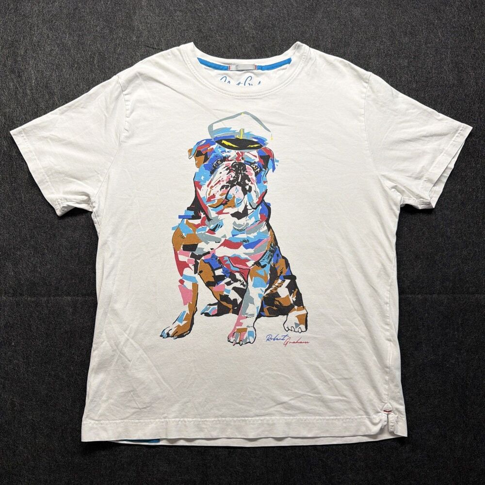 Robert Graham T-Shirt White Bulldog Captain Cotton Short Sleeve Men Size Large